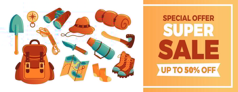 vibrant illustration showcasing a horizontal banner for a super sale on camping gear. Featuring tents, backpacks, and outdoor accessories, perfect for promoting adventure and outdoor activities vector