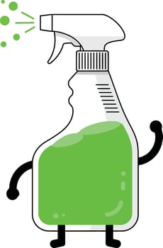 Cleaning spray bottle with green liquid and cartoon arms and legs illustration for hygiene and sanitation purposes vector