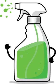 Cleaning spray bottle with green liquid cartoon character holding arms and spraying illustration vector