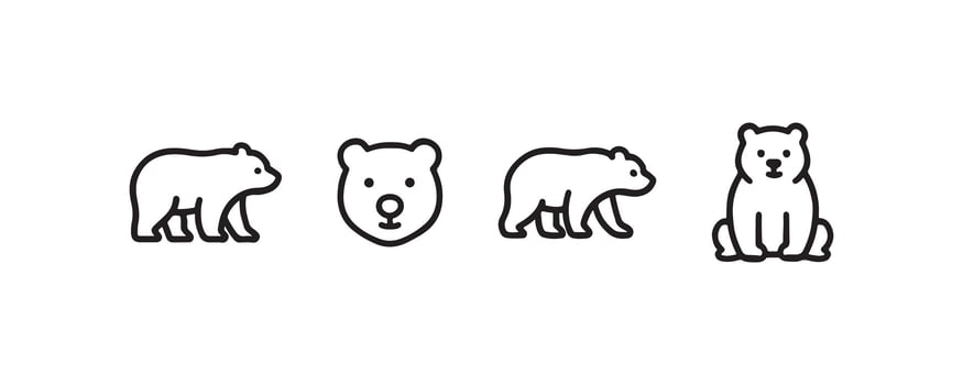 Bear icon set in walking, sitting and face views vector