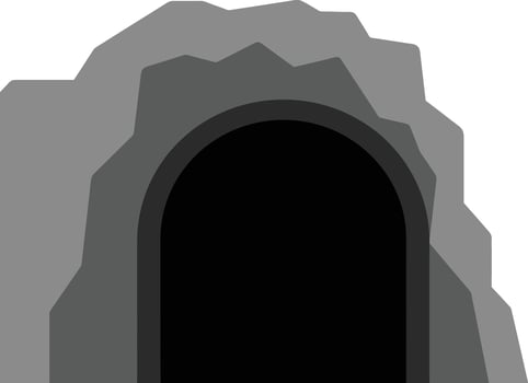 Dark cave entrance surrounded by layered gray rock formation illustration in simple style vector