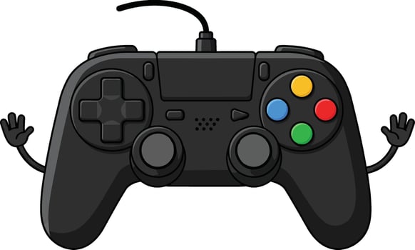 Black game controller with colorful buttons and cartoon hands gaming device illustration vector