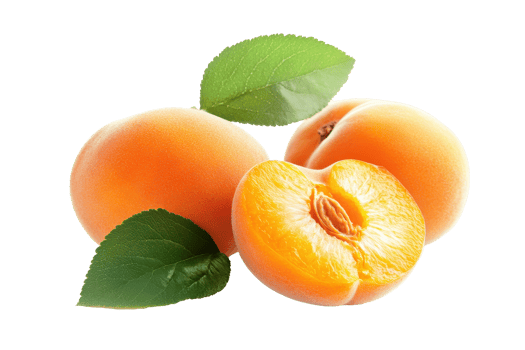 Fresh apricots with leaves and a cut section displayed. png