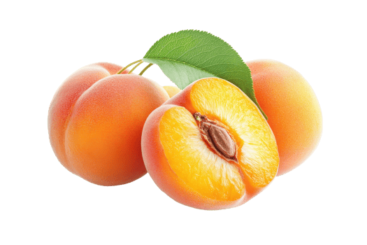 Close-up view of fresh, ripe apricots and one sliced open. png