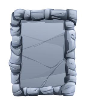Rectangular stone frame made of jagged stone pieces, with a fractured surface in the middle. Stone banner element for game and web. Ui or gui design element. Cartoon illustration vector