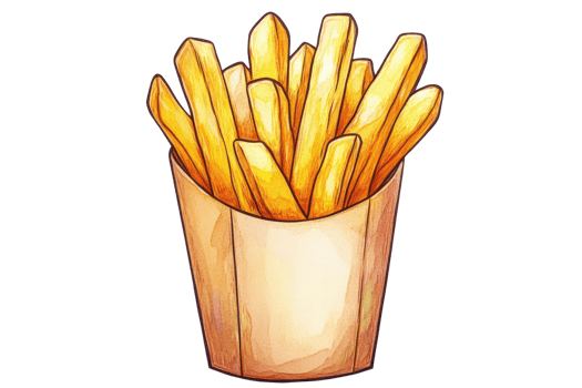 Golden french fries in a paper container illustration. png