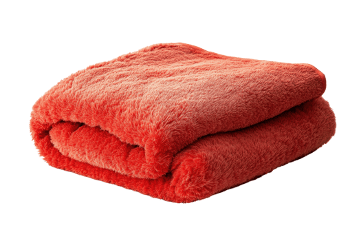 Folded, coral-colored plush blanket resting flatly. png