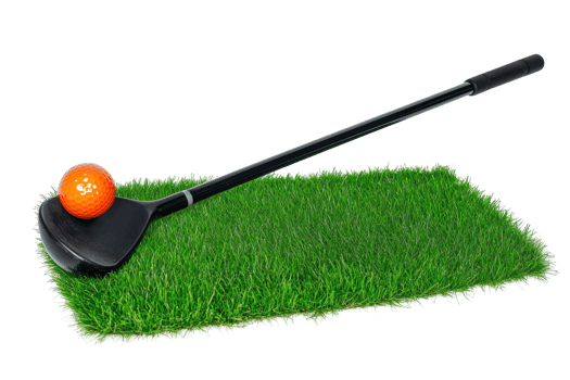 Golf club resting on a small artificial green. png