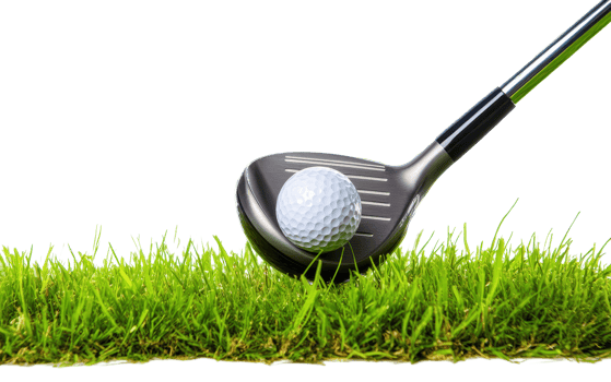 Close-up view of a golf club about to strike a golf ball on a grassy field. png