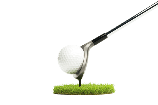 Golf club poised over a golf ball on a grassy tee. png