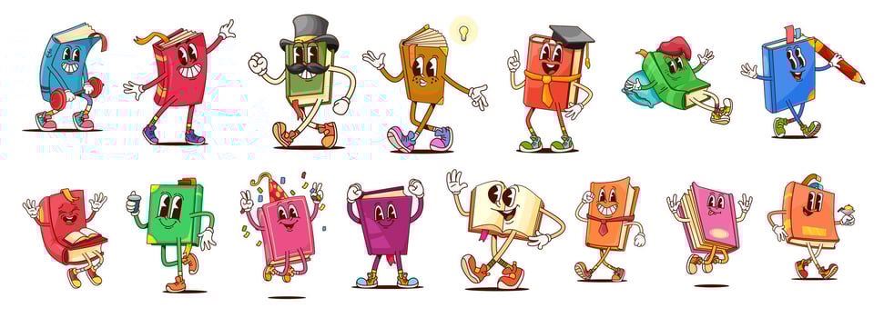 Groovy textbook and bestseller book characters vector