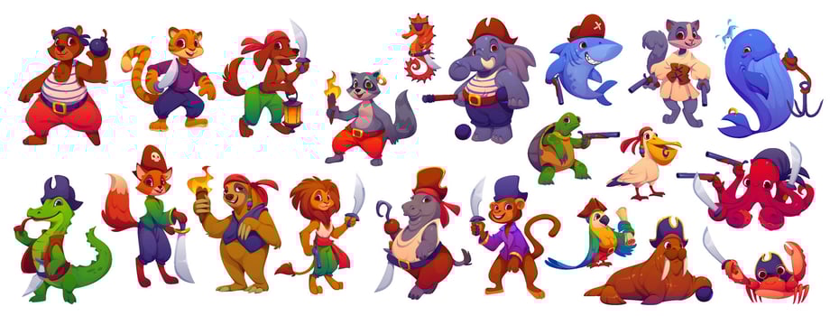 Cartoon funny animal pirate corsair characters vector