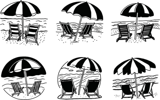 Monochrome beach scene with chairs and umbrellas black and white illustration vector