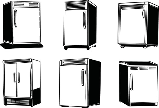 Illustration of various commercial refrigerators in black and white outline style vector