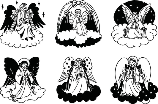 Six angel illustrations collection black and white style vector