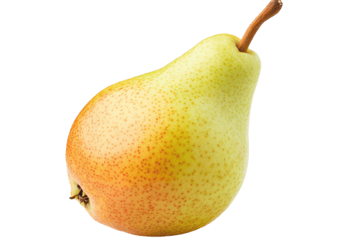 Close-up view of a pear positioned against a light beige surface. png