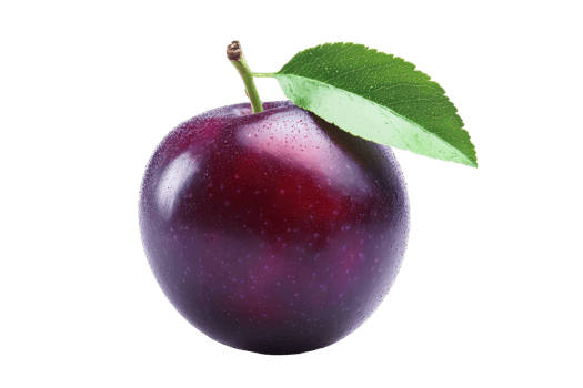 Close-up view of a vibrant purple plum with a leaf. png