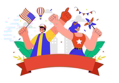 Flat Style Cartoon of American Independence Day with Flag and Party Decor vector