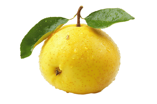 Close-up view of a fresh, yellow pear with leaves. png