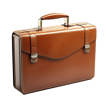 Brown leather briefcase with metal clasps and handles. png