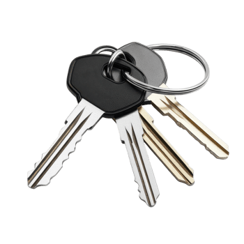 Close-up view of several metal keys attached to a keyring. png