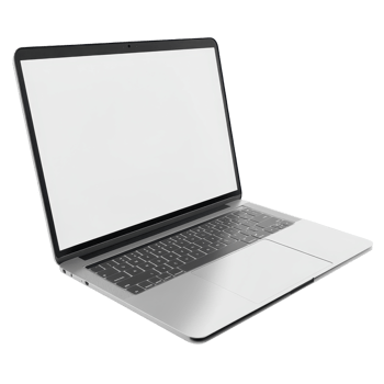 Modern laptop computer with blank screen, angled view. png