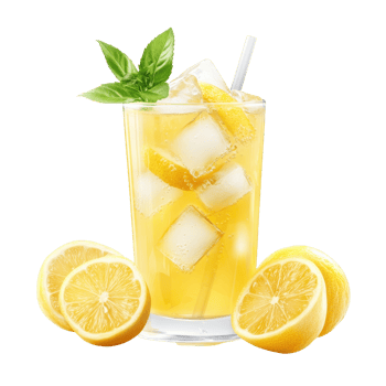 Refreshing lemon drink garnished with ice and basil. png