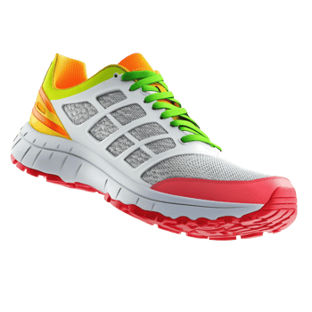 Colorful athletic shoes with bright accents displayed in a setting. png