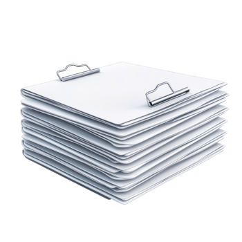 Stacked documents secured with metal clips, a close-up view. png