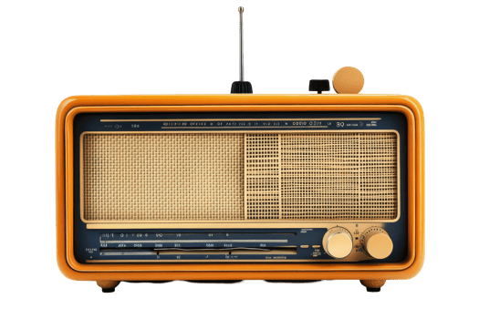 Vintage orange radio, retro style, displayed on black background. png