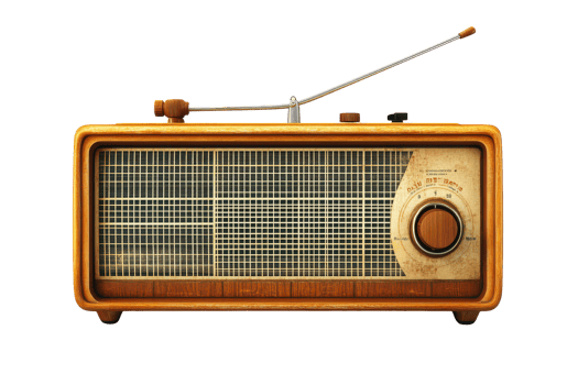 Vintage radio with wooden casing and intricate details. png