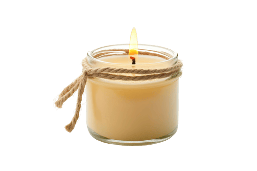 Close up of a small, lit candle in a glass jar. png