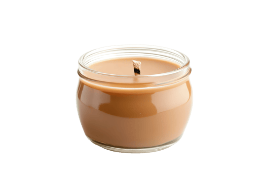 A round glass jar candle with a lit wick. png