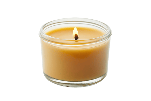 Single, round candle in clear glass container. png