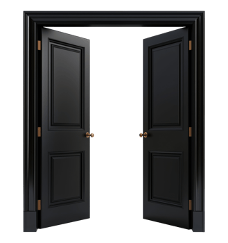 Black open doors isolated on transparent background png
