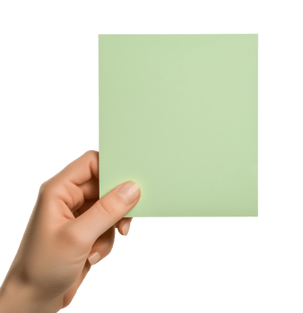 Closeup of a hand holding a blank light green sheet of paper, isolated on a transparent background png