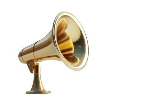 Gold loudspeaker on a light beige surface. png