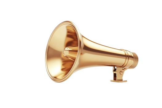 Gold megaphone illustration against a gradient background. png