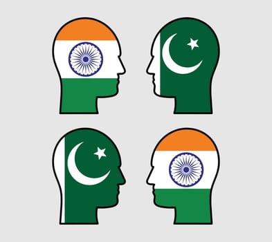 India vs Pakistan Head to Head Contrasting India and Pakistan Ideologies. India and Pakistan Flags in Profile Head Silhouette. vector