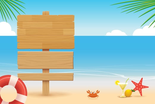 Summer wooden sign on tropical blue beach background vector