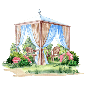Watercolor painted summer rest pavilion in the blooming greenery png