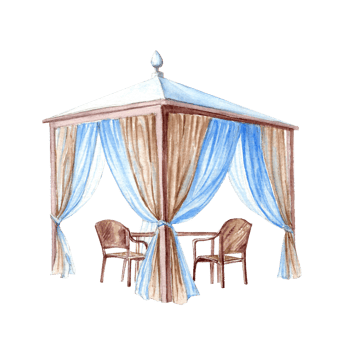 Hand drawn summer rest pavilion with chairs and table png