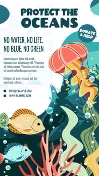 World Oceans Day Story Template. Banner with jellyfish, tropical fish and Seaweed for Ocean Protection. Support Marine Conservation. Vertical Illustration for Social Media vector