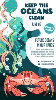 World Oceans Day Story Template. Banner with Crab and Seaweed for Ocean Protection. Support Marine Conservation. Vertical Illustration for Social Media. vector