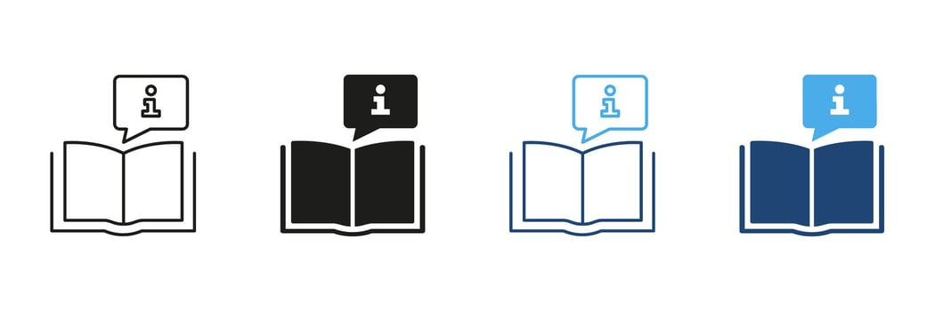 Open Book With Information Speech Bubble Icon Set. Knowledge Sharing, Education, And Learning Resource Symbol Collection. Library And Research Assistance. Isolated Illustration vector