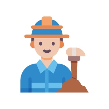 Cartoon miner with pickaxe in hat on black vector