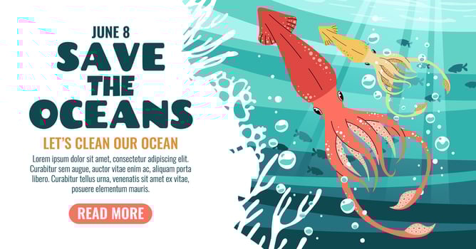 World Oceans Day Banner Featuring a Gliding Squid in the Ocean with Air Bubbles. Marine Life Design for Conservation Awareness on Social Media and Websites. vector