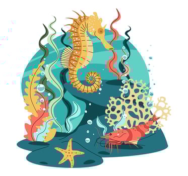 Seahorse and Shrimp on Coral Reef Isolated Background. Marine Life Illustration for Ocean Conservation, Educational Materials, and Aquarium Decor. Detailed Flat Design. vector