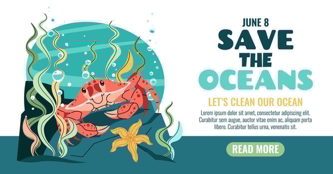 World Oceans Day Banner with Playful Crab Among Seaweed. Marine Conservation Design for Social Media and Eco Campaigns to Protect Coastal Habitats vector