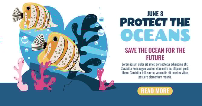 World Oceans Day Horizontal Banner Featuring Butterflyfish, Coral Reef for Marine Biodiversity Awareness. Perfect for Ocean Conservation Campaigns and Educational Projects. Illustration vector